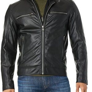 GUESS Men's Faux Leather Hooded Moto Jacket W/Removable Hoodie!
